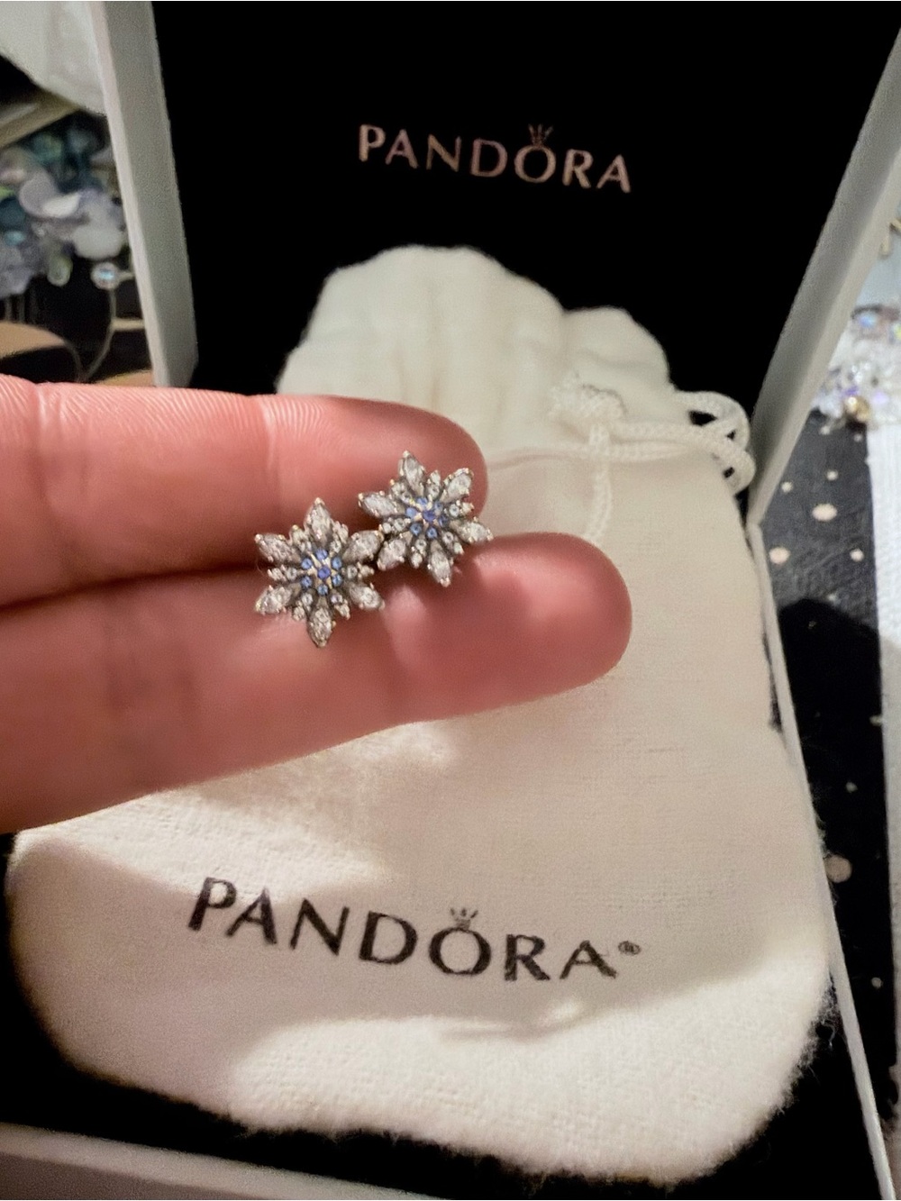 Pandora Silver Snowflake Stud Earrings with Clear and Blue Accents - Silver
